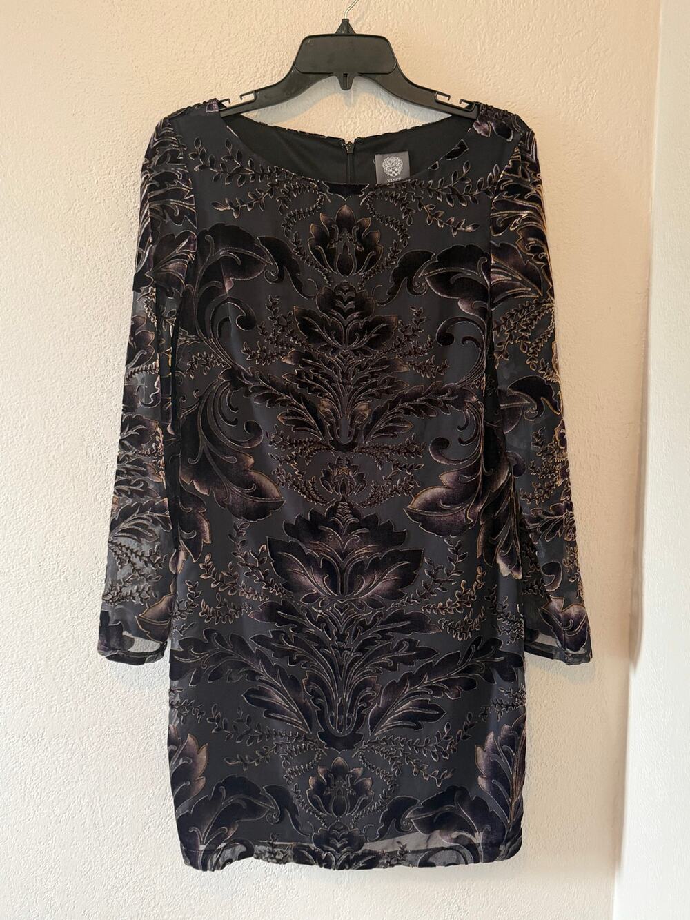 Vince Camuto Velvet Burnout Shift Dress Black Purple Copper Baroque Leaf SZ 10